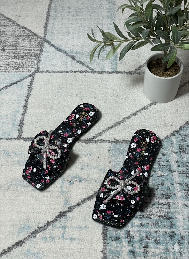Floral Slip-On Sandals with Beaded Bow Detail