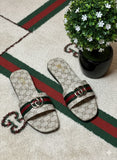 Monogram Slides Slippers with Green and Red Stripe